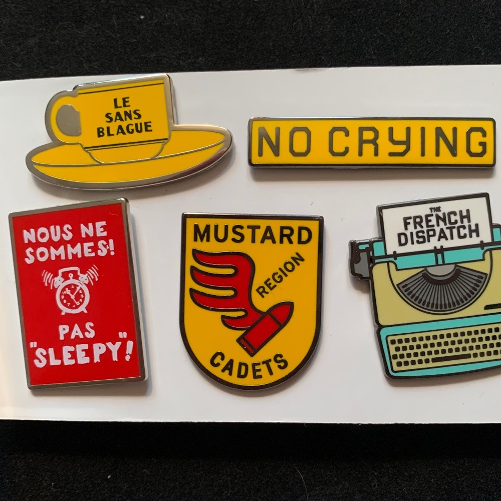 Wes Anderson collectible. Wes Anderson French Dispatch swag lapel pins set of 5